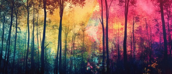 Vibrant forest with colorful sky at sunset