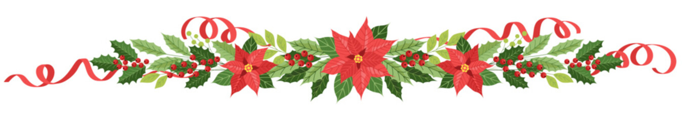 Winter flower arrangement. Winter decorative wreath with poinsettia, holly, ribbons and red berries.