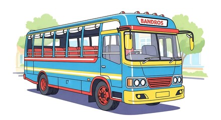 Colorful Blue and Yellow Bus Illustration with Open Windows.