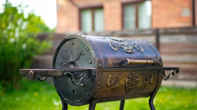 A detailed shot of an ornate, barrel-shaped barbecue grill sitting outdoors on green grass