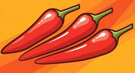 Three vibrant red chili peppers on a warm orange background, close-up view.