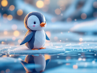 A cute character baby penguin, smiling, standing on ice with a reflective surface