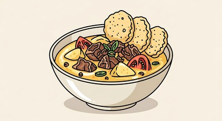 Delicious Soto Betawi Illustration - Indonesian Coconut Milk Soup with Beef.