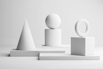 Minimalist white 3D geometric shapes in studio with soft lighting