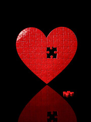 A red heart-shaped jigsaw puzzle with one missing piece, against a black background