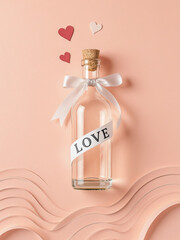 A clear glass bottle with a cork stopper, a white ribbon with the word "LOVE" in black letters, on a peach-colored background