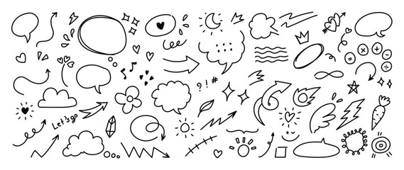 Obraz premium Hand drawn doodle elements vector illustration with speech bubbles, arrows, stars, hearts and decorative lines — playful black line design for stickers, planners and creative projects.