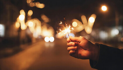 A close-up of a hand holding a burning sparkler at night. Sparkler In Hand Close-Up. Warm Holiday Fire Glow. New Year Light Burst.