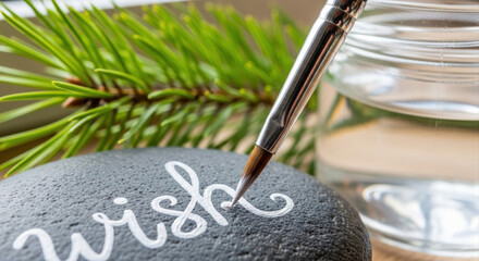 Artistic new year wishing stone painting with brush, featuring elegant calligraphy on smooth black stone, pine branch and glass of water background