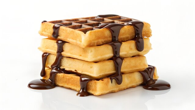 Chocolate Waffle Delight A close-up shot captures the allure of a stack of golden waffles lavishly drizzled with rich, decadent chocolate, tempting the eye and igniting the appetite. white background
