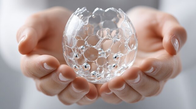 Delicate hands carefully hold precious clear crystal egg, representing new beginnings and fragility, perfect for wellness and mindful concepts
