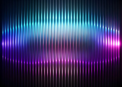 Ribbed fractal glass gradient texture with pulse neon violet blue glow on black 3d background