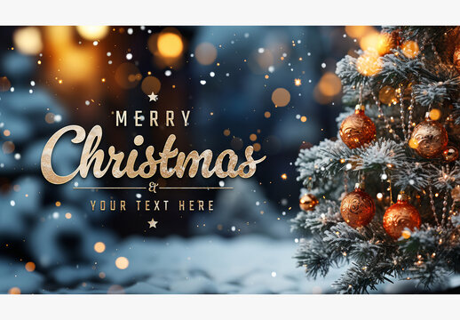 Christmas Card With Tree, Decorations And Snow On Blurry Background Mockup
