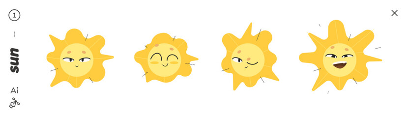 Cute Sun Character Set with Four Expressions: Gentle Smile, Joyful Closed-Eye Grin, Playful Wink, and Open-Mouth Happiness. Bright Cartoon Vector Icons For Weather, Kids Design, and Fun Projects.