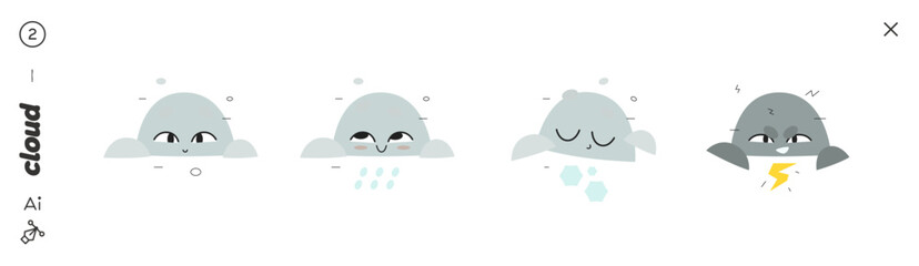 Cute Weather Character Set With Four Expressions: Calm Smile, Happy Raindrop Mood, Playful Snowy Face, and Dark Mischievous Look With Lightning. Fun Cartoon Vector Icons For Kids and Creative Projects