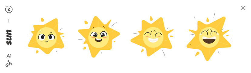 Cute Sun Character Set with Four Weather Expressions: Soft Smile, Curious Joy, Big Closed-Eye Grin, and Laughing With Tears. Bright Cartoon Vector Icons for Kids Projects, and Fun Designs.