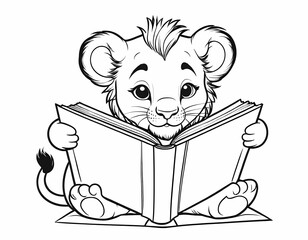 Cute lion cub reading a big book, black and white kids coloring page