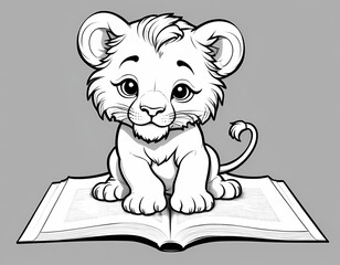 Cute lion cub reading a big book, black and white kids coloring page