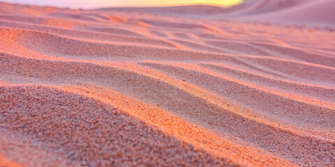 Close-up, low-angle shot of wind-blown sand dunes at sunset, highlighted by warm golden and pink light. Perfect for sites/blogs on travel, nature, desert, photography, or abstract texture themes