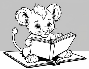 Cute lion cub reading a big book, black and white kids coloring page