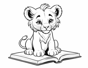Cute lion cub reading a big book, black and white kids coloring page