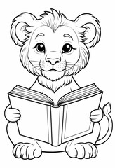 Cute lion cub reading a big book, black and white kids coloring page