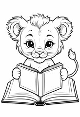 Cute lion cub reading a big book, black and white kids coloring page