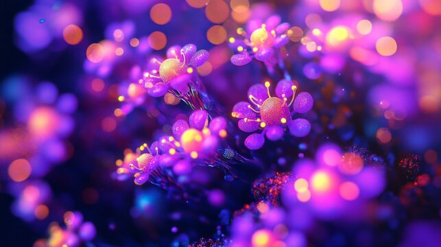 Vibrant purple flowers illuminated by soft glowing lights create a dreamy atmosphere. Each petal holds a story waiting to be discovered. Generative AI