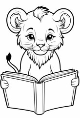 Cute lion cub reading a big book, black and white kids coloring page