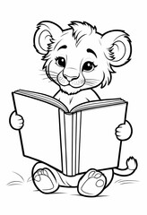 Cute lion cub reading a big book, black and white kids coloring page