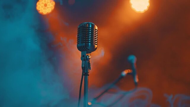 Concert or music background concept video. A retro microphone with smoke on the stage.