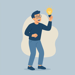 Happy man holding a glowing lightbulb symbolizing creativity and inspiration. Idea discovery in flat vector style.