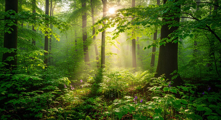 Obraz premium Sunlit Forest Morning with Vibrant Green Foliage and Mystical Rays