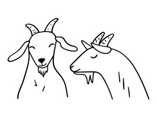 Two funny doodle goats line art coloring page - simple black-and-white goat drawing printable for kids. Farm animal coloring sheet, cute goat illustration and cartoon goats for coloring.