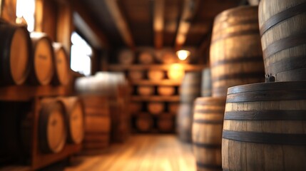 A rustic interior showcasing wooden barrels stacked against a warm, inviting backdrop, hinting at a distillery or aging room.