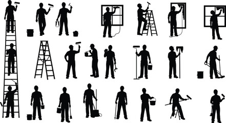 Worker silhouette collection, painter and window cleaner icons, man on ladder, holding paint roller, brush, and bucket, house painting vector set, isolated. © Tanjimul