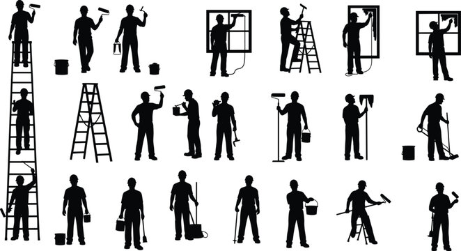 Worker silhouette collection, painter and window cleaner icons, man on ladder, holding paint roller, brush, and bucket, house painting vector set, isolated.