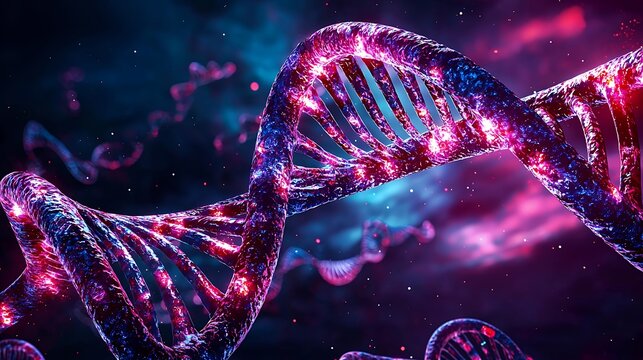 Glowing Abstract DNA Helix in Pink and Blue Nebula