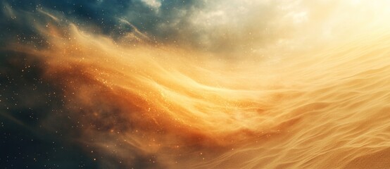 Vibrant desert sands swirl under a golden sky