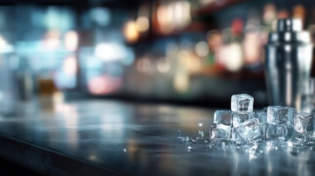 A close-up of ice cubes on a bar counter, with a blurred background showcasing bottles, evoking a refreshing and modern cocktail setting.