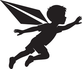 Boy flying with paper airplane wings silhouette vector