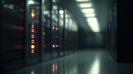 A dimly lit corridor lined with server racks, highlighting a modern data center environment filled with glowing lights.