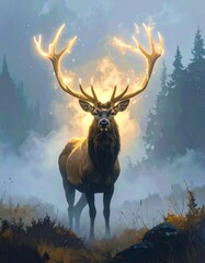 
Spirit of the Forest: Majestic Stag with Ethereal, Glowing Antler Crown
