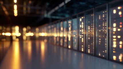 A close-up view of illuminated server racks in a data center, showcasing a modern technological environment.