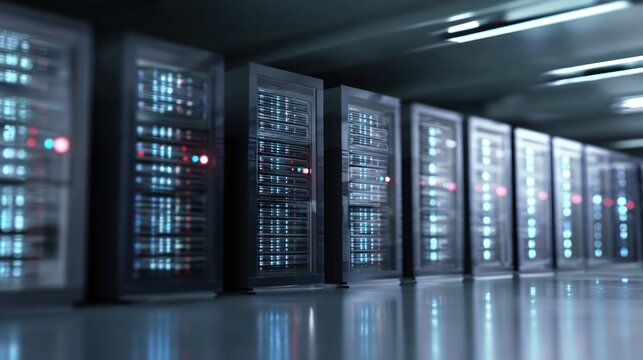A modern server room filled with rows of data servers, illuminated by LED lights, showcasing advanced technology and efficient data management.