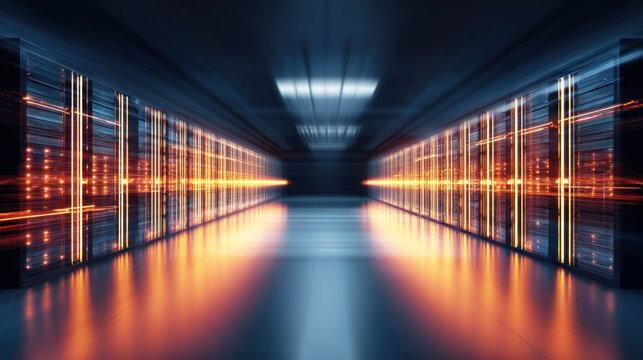 A futuristic data center corridor illuminated by glowing servers, showcasing advanced technology and digital connectivity.