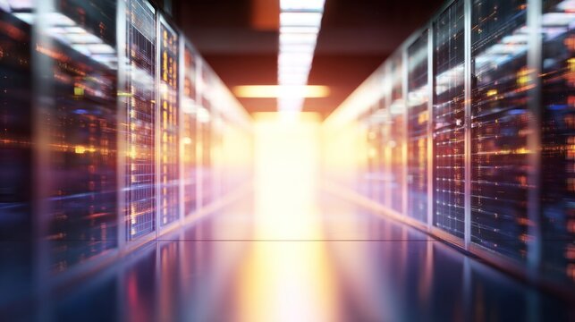 A futuristic server room corridor with glowing lights and rows of servers, creating a high-tech atmosphere. - Powered by Adobe