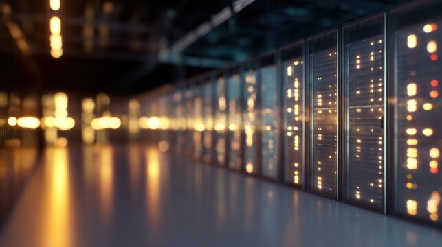 A close-up view of illuminated server racks in a data center, showcasing a modern technological environment.