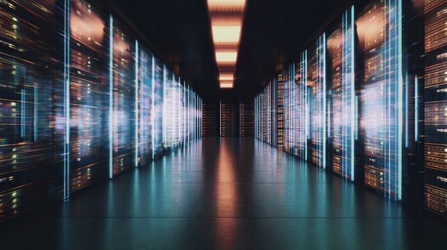 A futuristic server room with illuminated racks and glowing lines, representing advanced technology and data storage.
