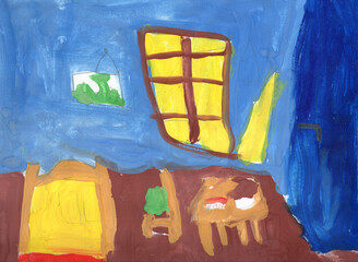 Fairy tale interior with old wooden furniture. Hand drawn Gouache painting